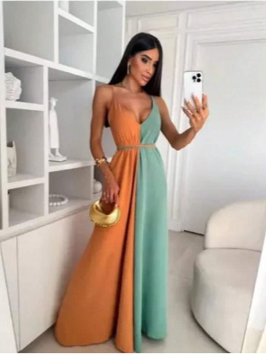 Women's Long Dress, Classic And Sophisticated - Orange Green - View 1