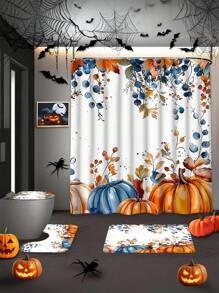 4pcs/1pc Autumn Harvest Pumpkin & Foliage Print Bathroom Curtain Set, Waterproof Shower Curtain With Hooks, Bathroom Non-Slip Mat, U-Shaped Toilet Mat, Toilet Seat Cover, Holiday Home Bathroom Decor Curtain Set