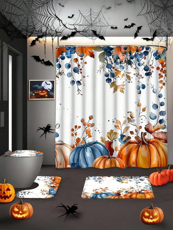 4pcs/1pc Autumn Harvest Pumpkin & Foliage Print Bathroom Curtain Set, Waterproof Shower Curtain With Hooks, Bathroom Non-Slip Mat, U-Shaped Toilet Mat, Toilet Seat Cover, Holiday Home Bathroom Decor Curtain Set