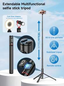 TOKQI 超长 183 厘米/72 英寸三脚架自拍杆稳定可伸缩铝合金三脚架带无线遥控器适用于全身摄影大型拍摄视频兼容各种设备型号