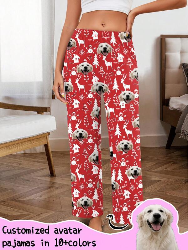 Customized Women's Pajama Pants, Unique Couple's Portrait, Couple's Face Replacement And Pet Face Swap, Christmas And Holiday Atmosphere - Celebrity Portrait Fan Merchandise