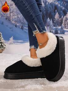 女士冬季拖鞋、厚底雪地靴、加厚平底靴、保暖鞋、户外防滑靴、Uggs 仿品、女士冬靴、女士冬季毛茸茸雪地靴毛茸茸圆头绒面短靴平跟一脚蹬户外室内鞋时尚保暖毛茸茸鞋， - 黑色 - 查看 7