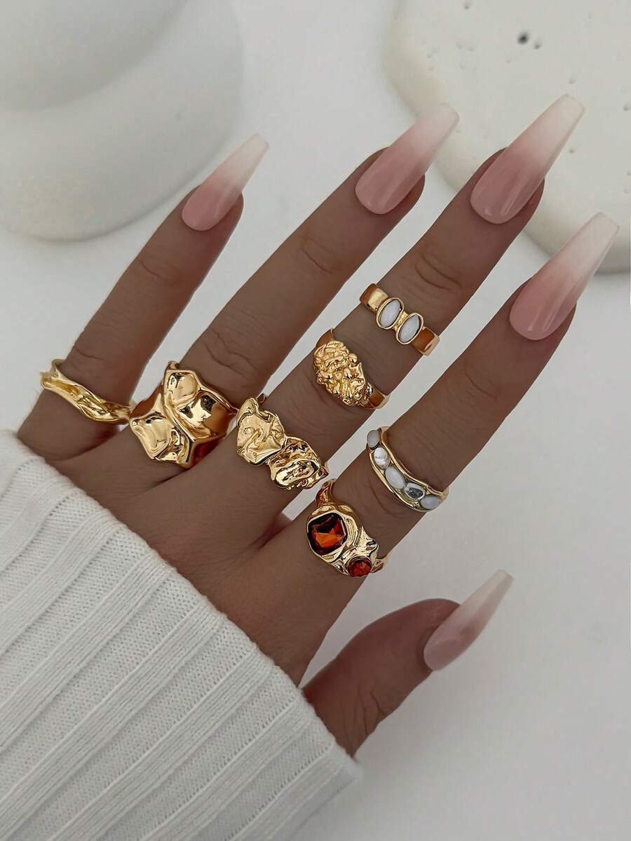 7pcs/Set Fashionable Luxury Personalized Elegant Delicate Multi-Color Crystal Geometric Metal Ring Set, Women's Daily Jewelry Accessories - Yellow Gold - View 1