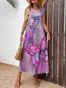 Women's Round Neck Butterfly Print Sleeveless Dress, Suitable For Spring/Summer - Hot Pink - View 6