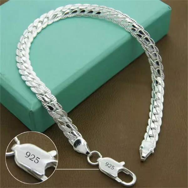 1 pieza Pulsera de cadena lateral de 8 pulgadas para hombre de plata esterlina 925, regalo de joyería para hombres de estilo hip hop, punk y bohemio