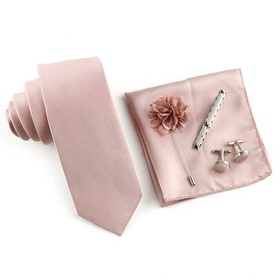 ZONFAZ 5pcs/Set Men's Business Formal Wedding Party Necktie & Pocket Square & Cufflinks & Lapel Flower & Tie Clip Combo Set, Fashion