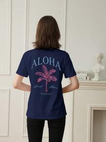 Damen Frühlings- und Sommer Neu Palm-Baum Slogan Muster Tägliches lässiges Rundhals Kurzarm T-Shirt, modischer Urlaubsstil, Ihr tägliches Must-Have. Grafik-T-Shirts Damen Weiß Schwarz Rosa Urlaubsoutfits Damen