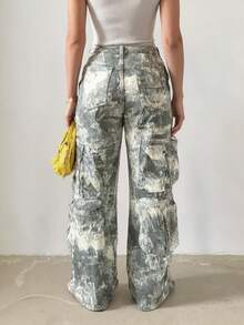 Vacation Outfits Women Black Crop Tank Top & Camo Print Multi-Pocket Cargo Pants Set, Summer Streetwear Co-Ord - 灰色 - 查看 4