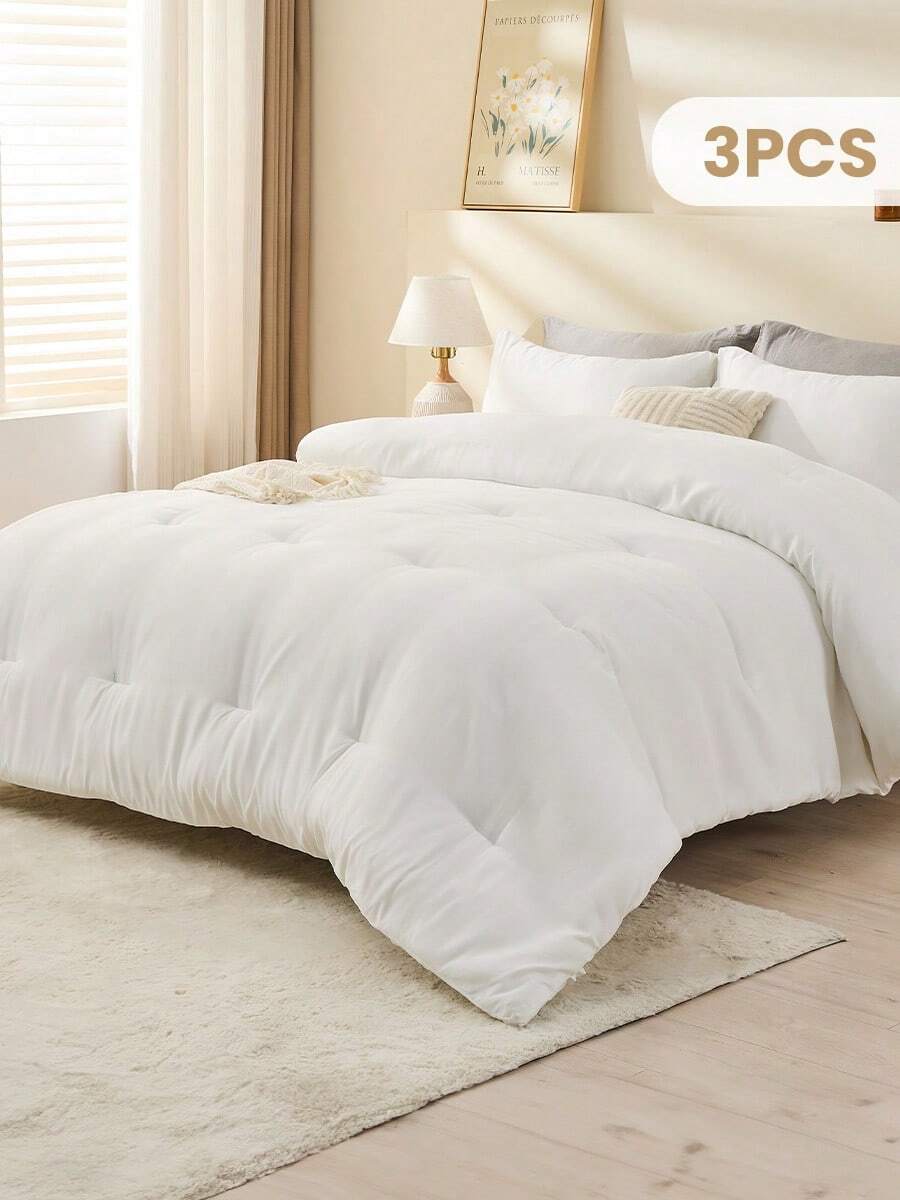 3pcs Comforter Set, Bedding, Halloween Decor, Fall Decor, Cozy And Warm Bedding, Solid Color, Easy Care And Comfortable, Breathable Bed Set, For Twin, Full, King, Queen Bed Sizes, Suitable For Bedroom, Guest Room, Dormitory, All Seasons, Halloween Gift, Machine Washable, 1 Comforter And 2 Pcs Pillowcases. - trắng - Xem 1