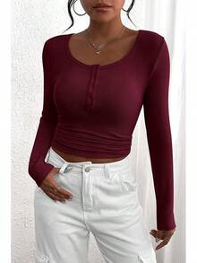 Women's 2025 Fall Long Sleeve Henley Shirts Button Ribbed Knit Casual Basic Tops Blouse - 酒紅色 - 查看 3