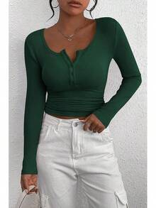 Women's 2026 Fall Long Sleeve Henley T Shirts Button Ribbed Knit Slim Fit Basic Tops Blouse Casual Outfits/Vacation Outfits Women/Valentine Outfits For Women - 墨綠色 - 查看 6
