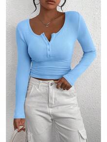 Women's 2026 Fall Long Sleeve Henley T Shirts Button Ribbed Knit Slim Fit Basic Tops Blouse Casual Outfits/Vacation Outfits Women/Valentine Outfits For Women - 淺藍色 - 查看 6