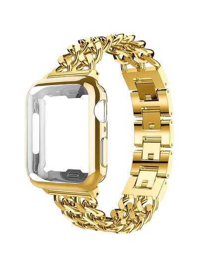 2pcs Gold Apple Watch Band And Apple Watch Protective Case Compatible With Apple Watch Band, Gold Metal Band Dual Chain Design Easy To Detach And Adjust, Apple Watch Band And Silver TPU Soft Material Full Protection Apple Watch Anti-Scratch Anti-Collision With Screen Protector Apple Watch Case Ultra 3/2/1 Series S10/S9/S8/S7/S6/S5/S4/S3/S2/S1 For Men And Women, Gold Metal Dual Chain Apple Watch Band And Apple Watch Protective Case 38mm 40mm 41mm 42mm 44mm 45mm 46mm 49mm