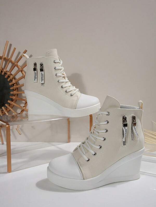Zapatillas con plataforma para mujer, de unicolor, estilo universitario preppy con cordones, calzado deportivo casual, adecuado para vacaciones, universidad y todas las estaciones