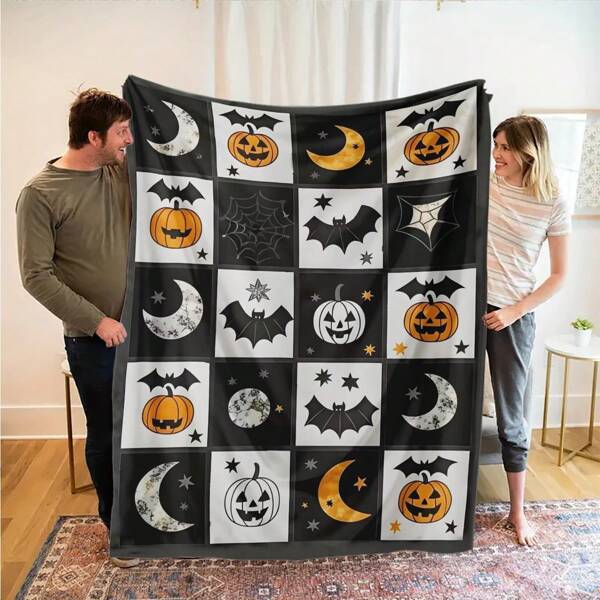 GEL HUT MUN Flannel Blanket Set With Pumpkin & Bat Pattern, Suitable For Sofa, Bed, Car, Office, Camping As Holiday Gift, Includes Throw Blanket And Nap Blanket