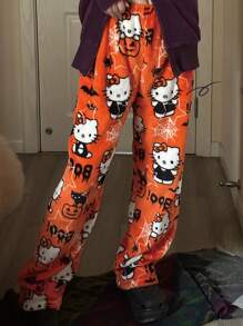 Sanrio 1pc Sanrio Hello Kitty Flannel Fluffy Pajama Pants - Cozy Fleece Lining, Warm Halloween Print, Black & Orange Cartoon Design, Suitable For Men & Women, Autumn/Winter Sleepwear, Great As Study Reward, Holiday Or Birthday Gift