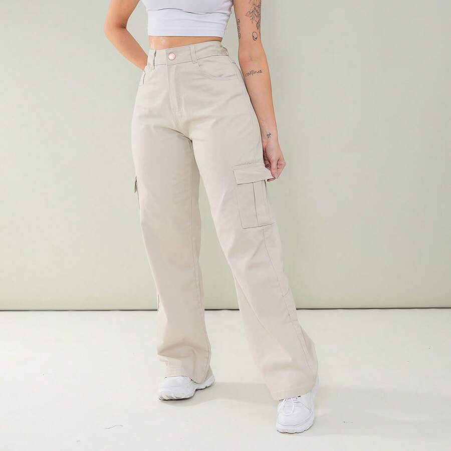 Calça Wide Leg Juvenil Cargo - Bege - Visão 1