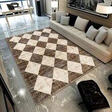 1PC Brown And White Diamond Patchwork Living Room Area Rug Comfortable And Soft Surface 100% Polyester Waterproof And Stain-Resistant Silicone Back For Non-Slip And Non-Shifting Suitable For Living Room Large Size Bedroom Home Decoration Household Items Door Outdoor Rug Mat Multiple Sizes Available Machine Washable And Easy To Care For Pet And Child Friendly Kitchen Rug