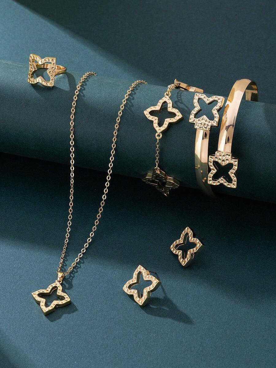 1 Set Women's Gold Jewelry Set Including 1 Necklace With Embossed Clover Pendant, 1 Pair Earrings, 1 Ring, 1 Bracelet, 1 Bangle - Yellow Gold - View 1