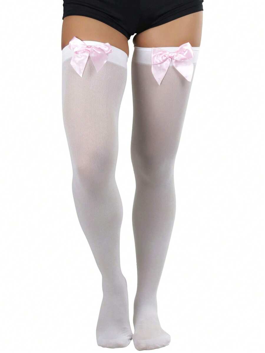 1双简约蝴蝶结装饰光滑柔软过膝袜，Y2K - 彩色 - 查看 1