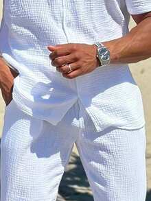 1 套男士休闲衬衫套装，纯色提花夏季 Polo 衫和休闲裤 - 白色 - 查看 5