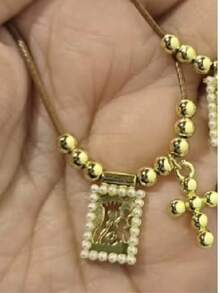 1pc Dainty Sacred Heart Scapular Necklace Gold Plated Double Tiny Pearl Rectangle Charm Bead Chain Necklace Religious Gift