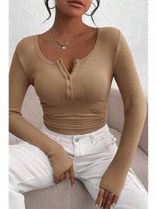 Women's 2026 Fall Long Sleeve Henley T Shirts Button Ribbed Knit Slim Fit Basic Tops Blouse Casual Outfits/Vacation Outfits Women/Valentine Outfits For Women - Kaki nhạt - Xem 7