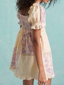 Women's Summer Dress Puff Sleeves Contrast Lace Up Lettuce Trim Shirred A-Line Mini Dress Elegant Dress Tea Party Dress Vacation Dress - 紫色 - 查看 2