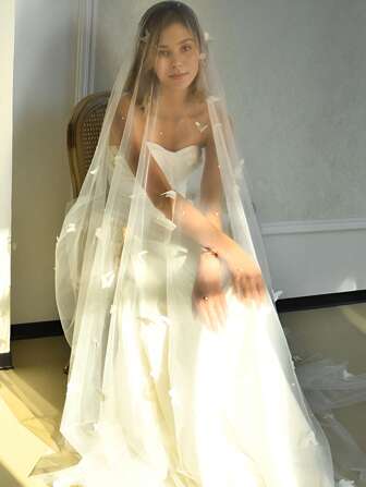 1 pièce Voile de mariée de 3 m de longueur et 3 m de largeur, décoration de papillon 3D de luxe faite à la main, convient pour un mariage cathédrale, accessoire de robe de mariée, nylon bohème