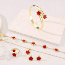 6 pezzi set di gioielli in lega a forma di foglie e quadrifogli per donne - bracciale, collana, orecchini a perno, ciondolo a fiore della fortuna
