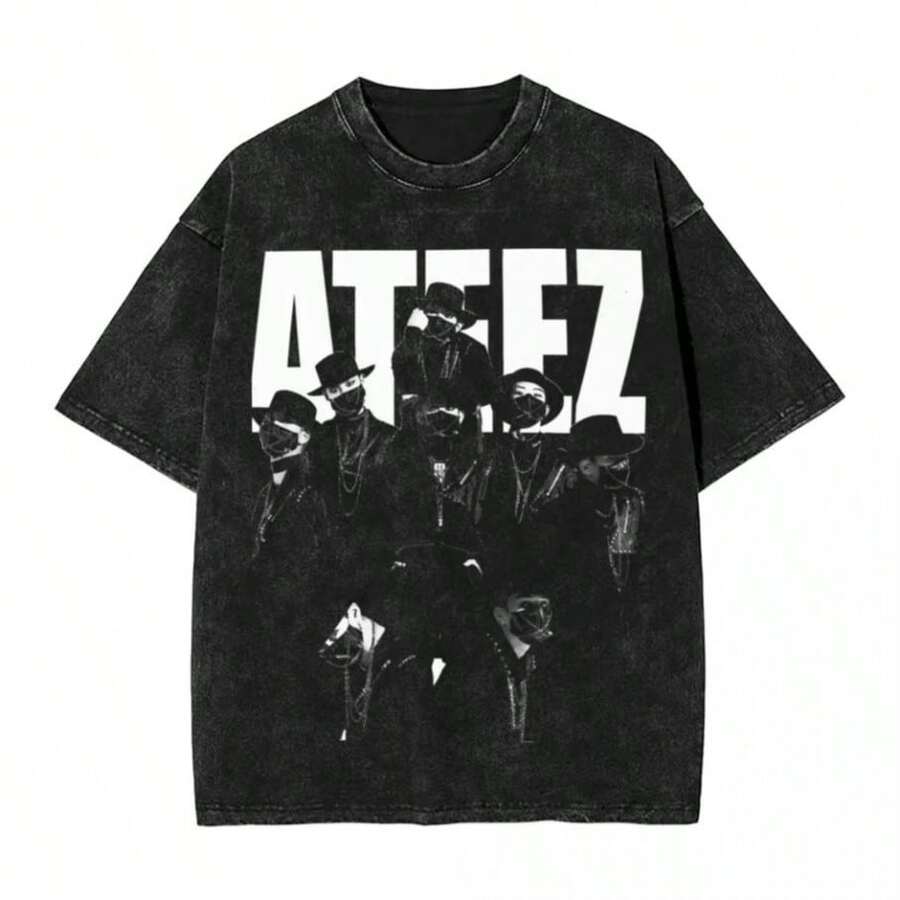 BREATHABLE COOL SUMMER Ateezs T Shirt Hip Hop Washed Cotton HarAJsuku T-Shirt Novelty Men Women Tops Streetwear Graphic Tees Women Summer Loose T Shirt - 黑色 - 查看 1