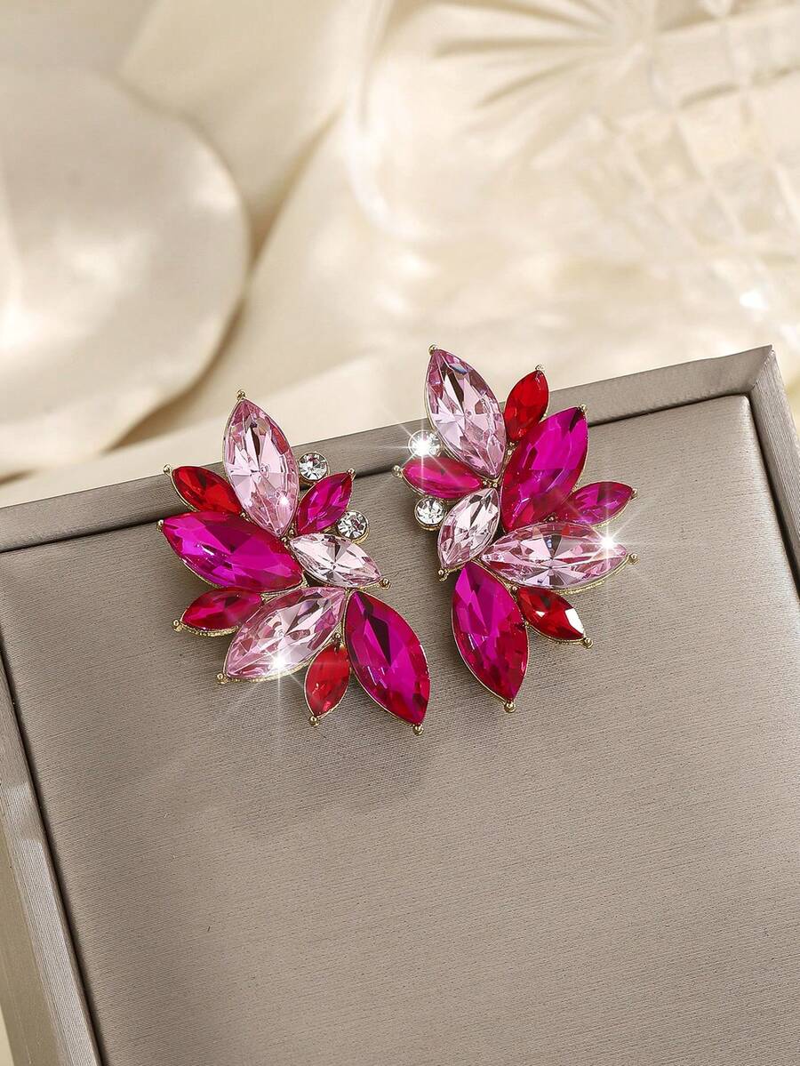 1 Pair Bohemian Alloy Rhinestone Inlaid Glass Luxury High-End Exaggerated Earrings, Fashionable Versatile Elegant Lady Elegant - Pink Rose - View 1