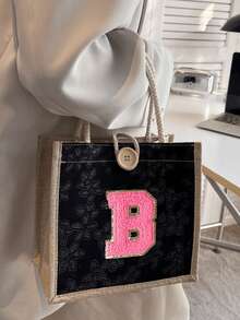 1 件毛巾刺绣首字母图案手提包，花卉印花亚麻手提包，小号花卉亚麻纽扣装饰手提包，简约大容量手提包，便携休闲收纳手提包，多功能购物袋，新设计，大容量，购物的理想选择，单肩包，手提包，午餐包，午餐盒，斜挎包