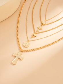 4 pezzi set di collane multistrato con pendente geometrico rotondo in metallo vintage, collana con ciondolo a croce di Gesù in stile punk per donna