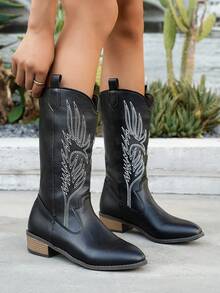 新款女式刺绣皮革黑色西部靴，尖头粗跟及膝靴，户外休闲时尚正装靴 - 黑色 - 查看 6