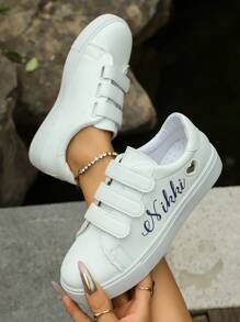 Breathable Soft Sole White Sneakers, Versatile White Shoes With 2025 Hook And Loop Flat Student Sneakers For Women
