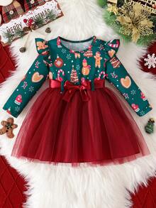 Baby Girls Christmas Ruffle Snowman Snowflake Socks Print Mesh Patchwork Dress With Belt - Burgundy - View 2