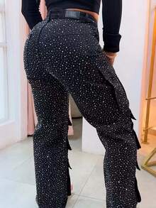 GLOURI Women's Glitter Rhinestone Cargo Trousers Jeans - High Waist Denim W/ Functional Pockets | Dazzling Statement Pants For Festivals & Night Out & Party - Black - View 3