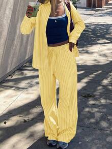 Look Polly 女式春夏休闲街头风格条纹撞色上衣、衬衫、长裤两件套纽扣衬衫女式条纹休闲、女士休闲套装返校服万圣节奶油黄衣服女式圣诞节 - 黃色 - 查看 9