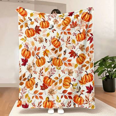 Fall Blanket, Orange Thanksgiving Fall Pumpkin Maple Leaf Blanket, Flannel Soft Warm Cozy Blanket For Sofa And Chair