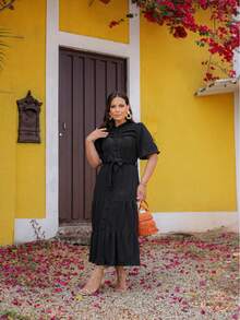 Maxi Long Dress Buttons Fashion Modest Elegant Formal Casual - Black - View 4