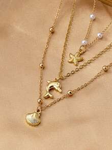 3 件套仿珍珠流苏海星贝壳项链套装，可爱多层颈链，适合女士日常佩戴和海滩 - 海星貝殼海豚3見項鍊 - 查看 3
