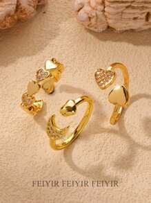 Two Heart Stainless Steel Rings With Cubic Zirconia 18K Gold-Plated Adjustable Open Ring For Women Romantic Golden Wedding Memorial Jewelry Holiday Accessories Mother's Day, Valentine's Day Gifts