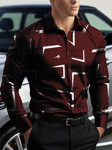 Áo sơ mi nam dài tay màu đỏ tía cổ cài nút, họa tiết hình học, phù hợp mặc khi đi làm, đi chơi, đi làm văn phòng, đi chơi thường ngày và trang trọng, mùa xuân, mùa hè, mùa thu, mùa thu - Màu Đỏ Sâu - Xem 4