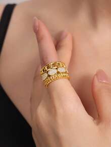 1pc Fashionable Exaggerated Stainless Steel Rhinestone Ring, Women's Stainless Steel Ring, Daily Accessory - Gold - View 2