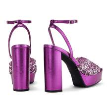 Women 4IN Rhinstone Square Toe Platform Strappy Chunky Block Dressy Heeled Sandals Sparkly Lizard Pattern Leather Heels For Evening Prom - Purple - View 5