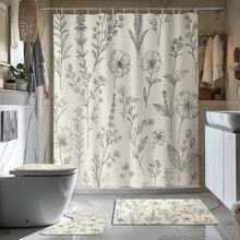 1/4 piezas Juego de baño vintage con flores, incluye cortina de ducha, alfombra de baño, tapa de inodoro en forma de U, impermeable, lavable, cortina divisoria de baño de estilo moderno, sin necesidad de perforar, hecho de poliéster - Multicolor - Ver 2