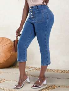 Women's High - Waist Denim Capri Pants - Button - Front, Double Pockets, Retro & Chic - Medium Wash - View 4