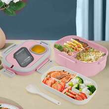 NEUZOJIT 1 Adult Bento Box, Salad Container, Large 40.5 Oz. Salad Bowl, Bento-Style Tray For Toppings, 3 Oz. Sauce Container For Dressing, With Reusable Fork And Knife,Back To School - Hồng - Xem 2