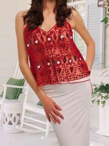 Women's Sequin Slim Camisole Spaghetti Strap V-Neck Slim Fit Cropped Tank Tops Streetwear - 紅色 - 查看 1